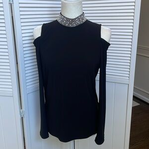MSK women’s embellished neck cold shoulder long sleeve blouse top pearl Macy’s